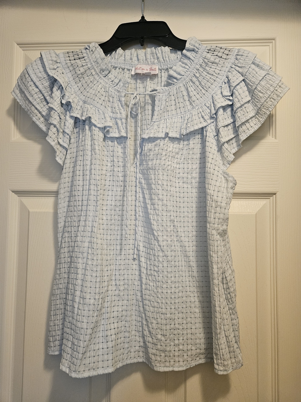 Light Blue Ruffled Smocked-Neck Blouse